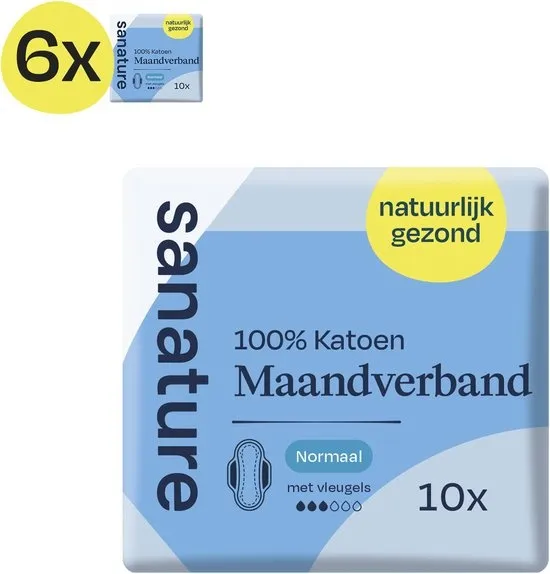 Sanature 100% katoenen - Maandverband Normaal met vleugels - 6 x 10 stuks - Natuurlijk & voor de gevoelige huid
