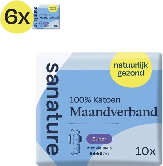 Sanature 100% katoenen - Maandverband Super - 6 x 10 stuks - Natuurlijk & voor de gevoelige huid