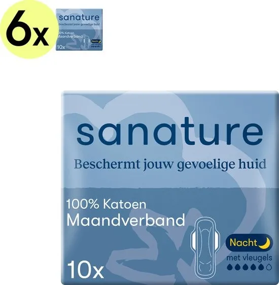 Sanature 100% katoenen - Maandverband Nacht - 6 x 10 stuks - Natuurlijk & voor de gevoelige huid