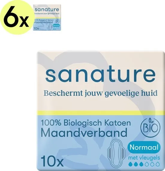 Sanature Bio - 100% Katoenen Maandverband Normaal met vleugels - 6x10 - Natuurlijk en voor de gevoelige huid