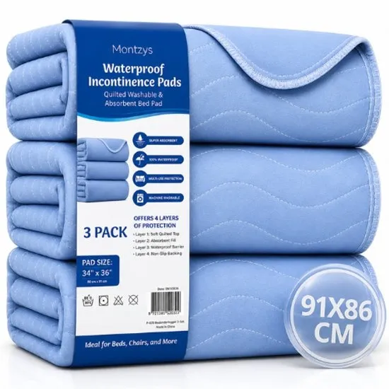 Montzys® Incontinentie Onderleggers Set - 3-Pack & 91x86CM - Wasbare Bed Onderleggers & Waterdichte Matrasbeschermer - Matrasonderlegger voor Volwassenen & Kinderen