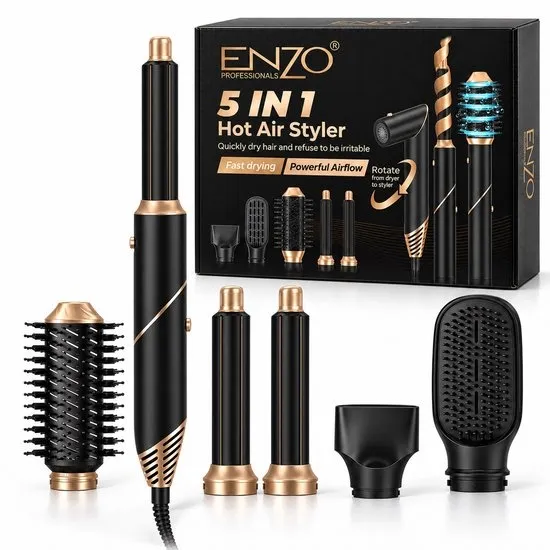 ENZO Multistyler Black Velvet - Airstyler - Fohnborstel - Multistyler - Krultang 5 in 1 - Hairwrap - Krulborstel - Pure Version - 5 Opzetstukken