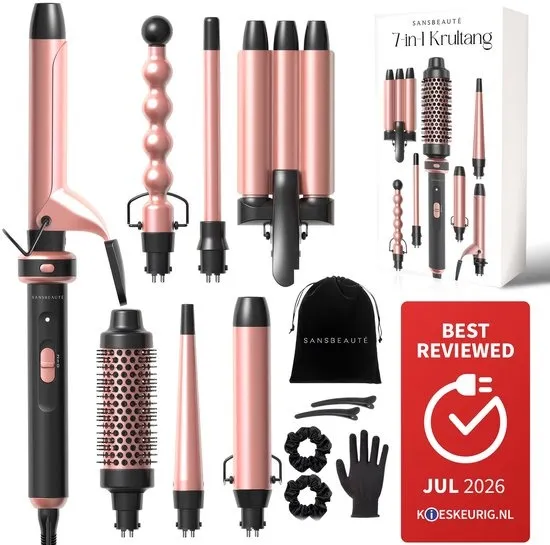 Sansbeauté® 7 in 1 Krultang met Klem en Wafeltang Haar - Keramische Haarkruller - 13mm tot 38mm - Beach Waves - Wavy Hair - Krultangen 32mm 25 mm 19 mm - Blowout Brush - Haarstyler - Hair Curler - Dunne en Dikke Crimper - Krultang Kort Haar