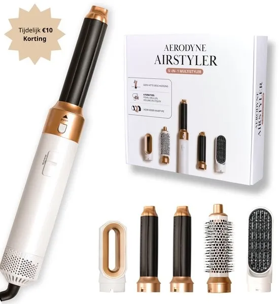 Aerodyne® Airstyler - Fohnborstel - Multistyler - Krultang 5 in 1 - Hairwrap - Krulborstel - Stijlborstel - Met Instructievideo's - Luxe Cadeau Set - Wit/Roségoud
