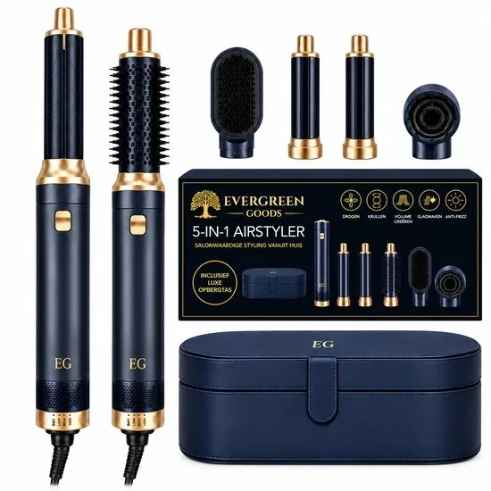Evergreen Goods Airstyler - Airwrap 5 in 1 Multistyler - Krultang - Fohnborstel - Multistyler - Krulborstel tot 110ºC - Hairwrap Föhn met 5 opzetstukken - Haarfohn - 1000W Haardroger Styler - Incl. Hittebestendige Handschoen - Luxe opbergtas