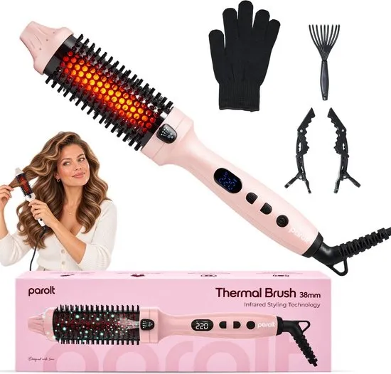 Parolt Thermal Brush 38mm - Infrarood & Ionentechnologie - 140-220°C - Blowout brush - Krulborstel kort haar & lang haar - Warmteborstel - Stijlborstel - Keramische Föhnborstel - Roze