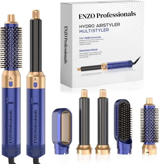 ENZO Multistyler - Airstyler - Fohnborstel - Multistyler - Krultang 5 in 1 - Hairwrap - Krulborstel - Deluxe Version - Koningblauw - 5 Opzetstukken