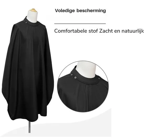 Kapmantel voor Volwassenen Cape Drukknopen Kappersschort Barber Cape - Met Siliconen Kraag - Met Drukknoop Sluiting - Zwart