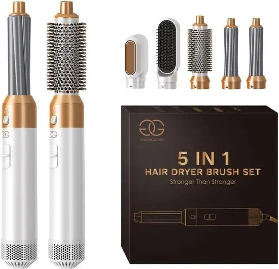 Golden Goods® Airstyler - Multistyler - Föhnborstel Wit- Krultang 5 in 1 - Krulborstel tot 110ºC - Hairwrap Föhn met 5 opzetstukken - 1000W Haardroger Styler - Incl. Hittebestendige Handschoen
