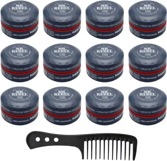 MR. REBEL 06 Hair Styling Wax Set – 12 x 150 ml – Sterke Hold – Matte Finish – Niet Verzwarend – Inclusief 4 Styling Kammen - Haar Wax Mannen