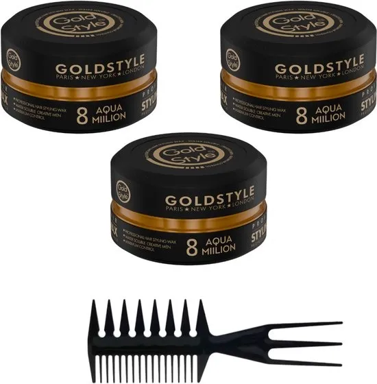 Gold Style Haar Wax Nummer 8 – GOLD ONE – 3 x 150ML (450ML totaal) + Styling Kam - Styling Haar Wax - Haar Wax Mannen