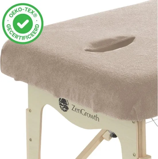 ZenGrowth® Badstof Hoeslaken Massagetafel Lichtbruin – Met uitsparing – 280 gram/m2 dikte – Geschikt voor massagetafels met lengte 180 tot 185 cm – 63 tot 71 cm breedte – Stretch materiaal
