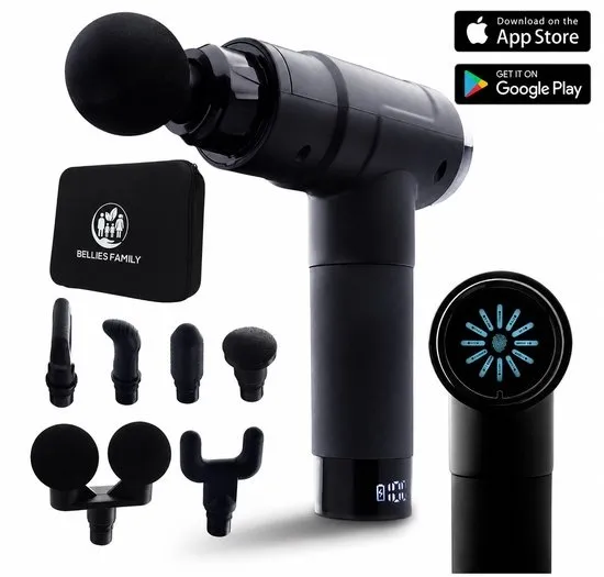 Bellies Family – Massage gun PRO – Samengesteld door MSc. Fysio – Incl. App – 12 Snelheidsstanden – Diepe Spierstimulatie (12mm) – Met Druksensor & LCD Touchscreen – Stil & Krachtig