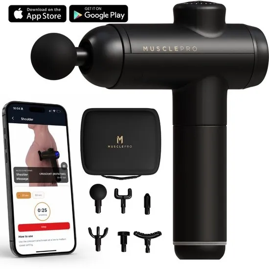 MusclePro Lite - 7.4V massage gun Incl. app - inclusief koffer- professioneel massage apparaat - massage pistool - spier massage - sport massage - 6 mondstukken - 99 snelheden - zwart - krachtig en draadloos