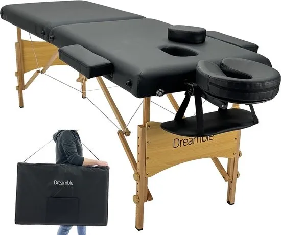 Dreamble® | Massagetafel | Zwart | Hout | Extra dikke bekleding 6 cm | Extra stevig | Inklapbaar | Mobiel | 2 zones | In hoogte verstelbaar | Gezichtsuitsparing | Armsteunen in breedte instelbaar | Afwasbaar | Belastbaar tot 250 kg | Incl. draagtas