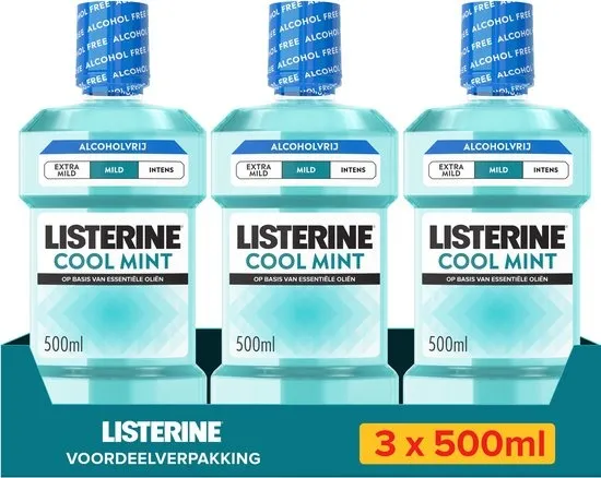 Listerine Cool Mint Mild Mondspoeling, Met Essentiële Oliën, Tegen Slechte Adem en Tandplak, Mild Muntsmaak, 3x500 ml