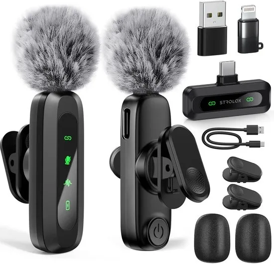 Strolox® Draadloze Microfoon Pro - 2 Stuks - Lavalier - Windshields - Dasspeld - Lange Batterij - USB-C/Lightning - Plug & Play