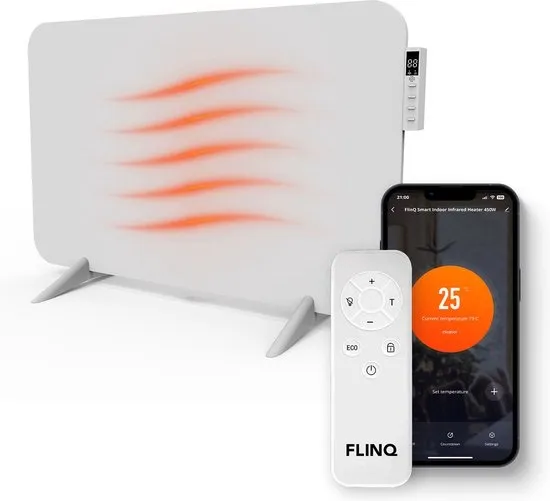 FlinQ Slimme Infrarood Verwarming - Elektrische Verwarmingspaneel - Moderne Kachel - Geschikt voor Badkamer - Staand & Verplaatsbaar - Met Thermostaat - Wit Paneel - 450 W