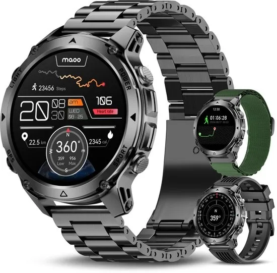 Maoo Titan GPS - GPS Smartwatch Heren - Rugged Sporthorloge - 1,46 inch - 3 Bandjes - Stappenteller - Hartslagmeter - Slaapmonitor - Belfunctie - LED Zaklamp - 100+ Sportmodi - Geschikt voor Android en iOS - Gun Metal