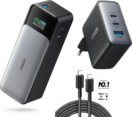 Anker 737 - Power Bank (PowerCore 24K) + Anker 736 Nano II oplader (100W) + Anker 322 USB-C kabel 1.8M - Voordeelbundel