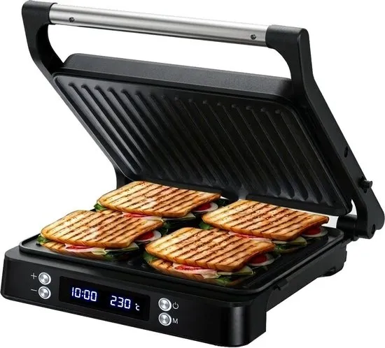 Olvy Tosti Apparaat XL - Panini - Timerfunctie - Temperatuurregeling - Voor 4 Tosti's - Croque Monsieur Toestel - PFAS Vrij - Grill Ijzer - Contactgrill - Apparaten - Uitklapbaar