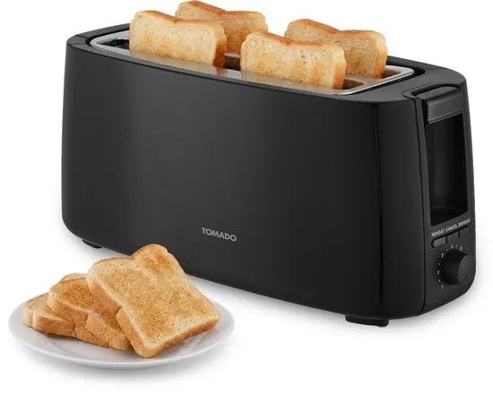 Tomado TBT4000B - Broodrooster XL - Voor 4 sneetjes - Toaster - 7 standen - 1400W - Kruimellade - Zwart