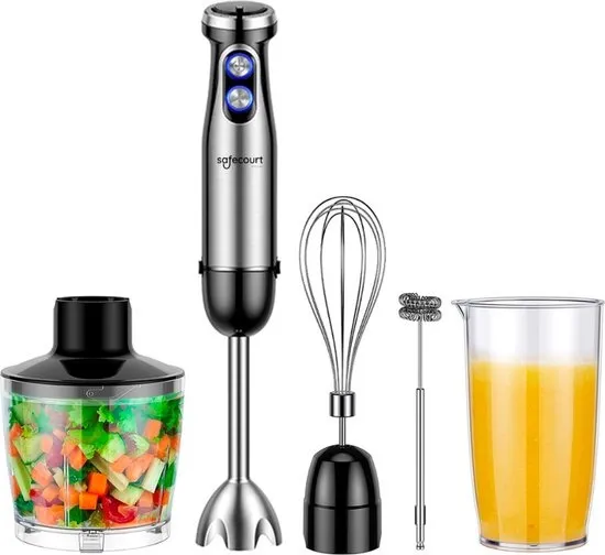 Safecourt Kitchen Staafmixer 6-in-1 set – Inclusief Hakmolen, garde, melkopschuimer & Maatbeker – krachtig & vaatwasserbestendig – 20 snelheden + turbofunctie – 1000W – PFAS-vrij