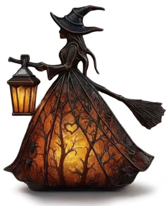 Ryoudavell - Heksenlamp met Lantaarn - Gothic Halloween Decoratie Beeldje met LED Nachtlampje - USB Sfeerlamp Tafellamp voor Woonkamer en Slaapkamer - Spookachtige Pompoen & Heks Nachtlamp Sfeerverlichting - Cadeau Ornament