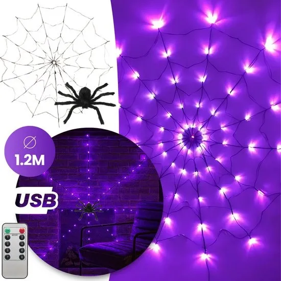 Halloween LED Spinnenweb - 50 LED lampen - Paars - 8 Standen - Halloween Decoratie Buiten – Halloween Lichtsnoer - Halloween Verlichting