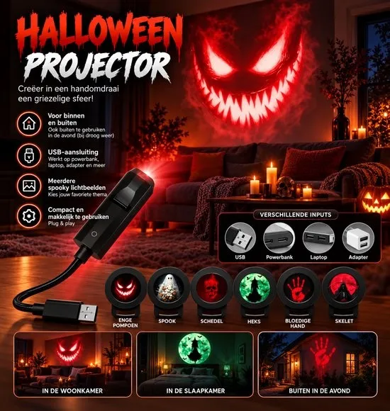 Halloween Projector – Spooky Lichtdecoratie – Binnen & Buiten – Verschillende Inputs - Halloween Decoratie - + gratis pompoentje
