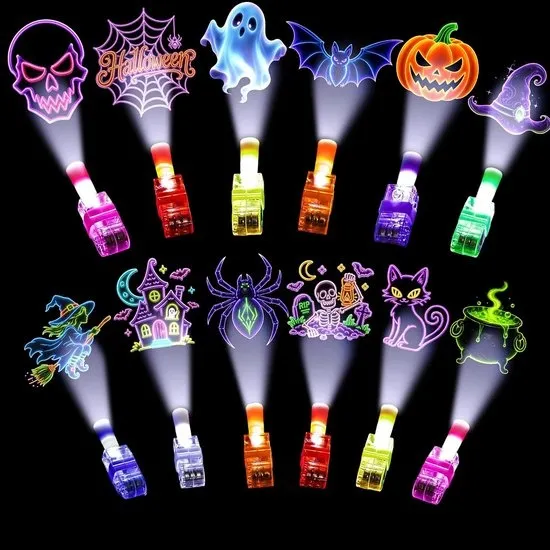 24x Vingerlampjes Halloween - 12 Neon Ontwerpen - LED Vingerlampjes - Feestelijke Sfeer Creëren - Mini Projectielamp - Ideaal voor Uitdeelzakjes & Traktaties - Tafeldecoratie, foto's, combinatie met slingers en ballonnen