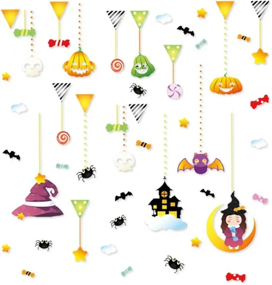 LUQ – Kawaii Boo Halloween Raamstickers – Schattige Pompoen Heks Hoed Snoep Spin – Raamdecoratie – Makkelijk Aanbrengen