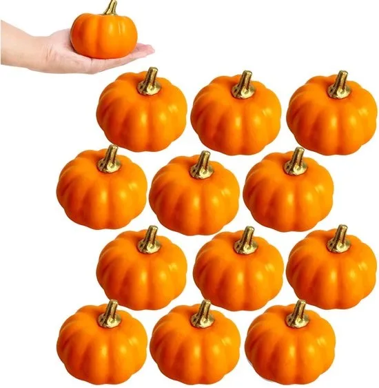 12 stuks - Halloween decoratieve kunstmatige pompoenen - Kleurrijke set herfst decoratieve schuimpompoenen voor binnen- en buitengebruik - Mini-pompoenen - oranje kleur - Feestelijke sfeerdecoraties - voor tafeldecoraties, Thanksgiving, Kerstmis