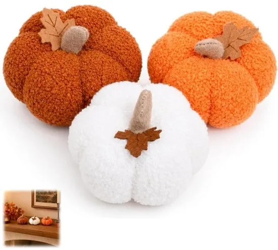 3 stuks - pluche decoratieve pompoen - halloween pompoen - kunstpompoen - tafeldecoratie - 8,8 × 8,8 × 6 cm - halloween feest, herfst decoratie, tafel, woonkamer - oranje, wit, bruin