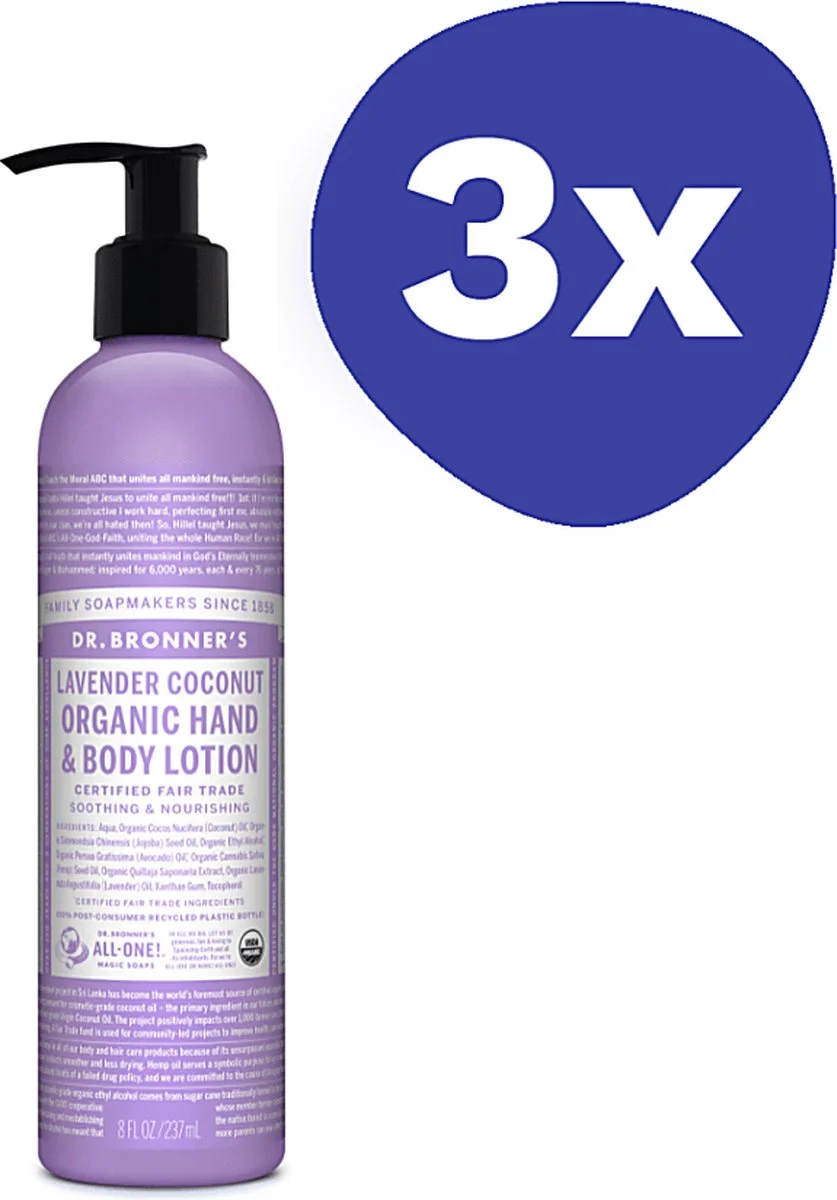 Dr. Bronner's Hand & Bodylotion Lavender Coconuts - 3x 236ml - Natuurlijke Verzorging voor Huid en Geest