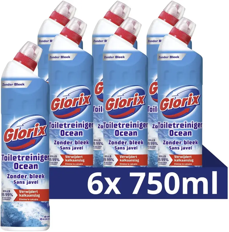 Glorix Toiletreiniger Ocean 6 x 750ml – Elimineert 99,99% van bacteriën en virussen