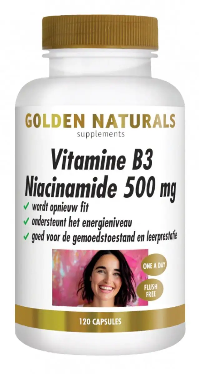 Golden Naturals Vitamine B3 Niacinamide 500mg - 120 Veganistische Capsules voor Optimale Gezondheid